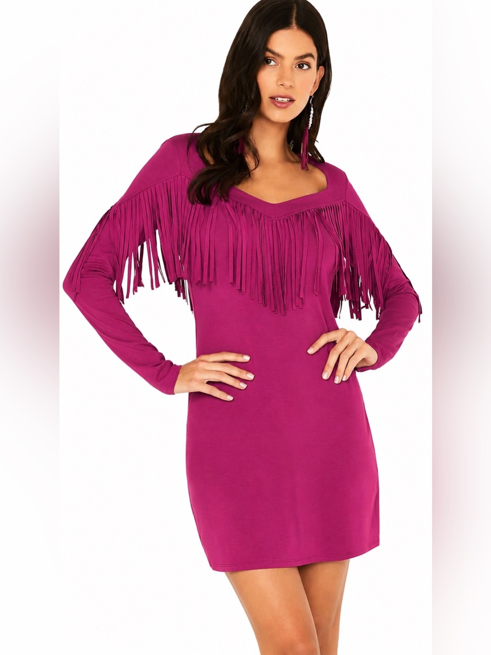 Idyllwind Magenta Fringe Long-Sleeve Mini Dress